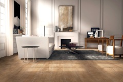 White marble living room with sofa and green landscape in window
