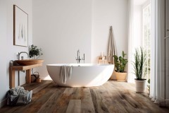 Interior shot of a spacious, white walled bathroom with a wooden floor and a white bathtub. On the floor, a rug. a wall model. Generative AI